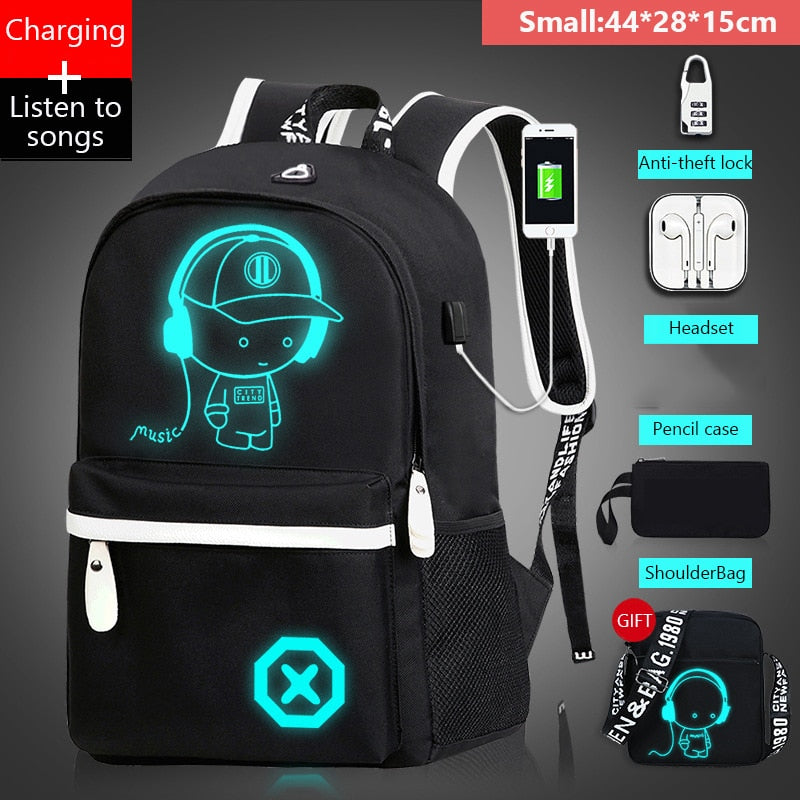 Mjzkxqz Student School Backpack Luminous USB Charge School Bag For Teenager Boy Anti-Theft Children&#39;s Schoolbags Laptop Backpack