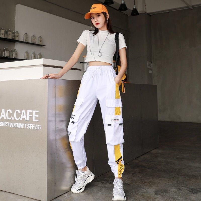 Cargo Pants Women&#39;s Summer Thin 2020 High Waist Loose Casual Sports Pants Trousers Women Lace Up Pants Black White Spliced Pants