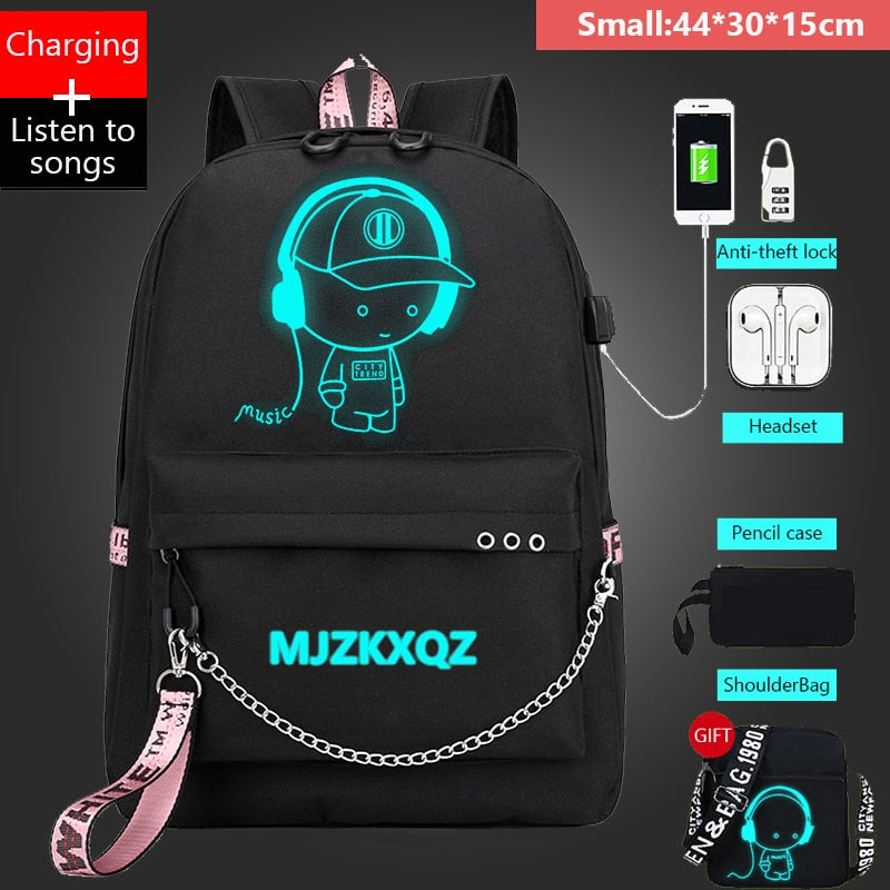 Mjzkxqz Student School Backpack Luminous USB Charge School Bag For Teenager Boy Anti-Theft Children&#39;s Schoolbags Laptop Backpack