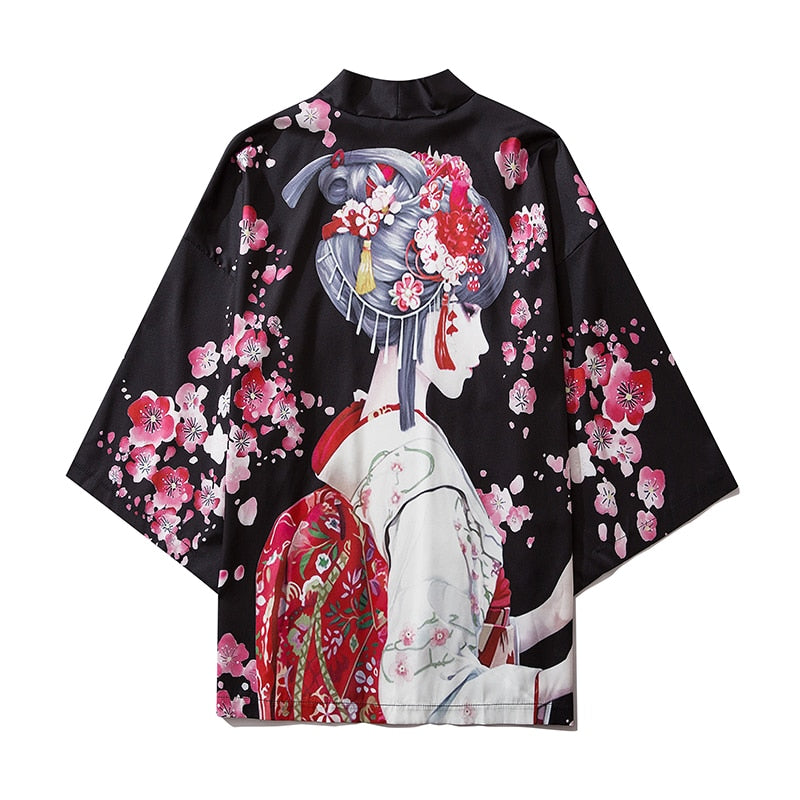 bebovizi Black Fashion Streetwear Beauty Print Kimono Cardigan Robe China Haori Obi Traditional Japanese Clothes for Women Men