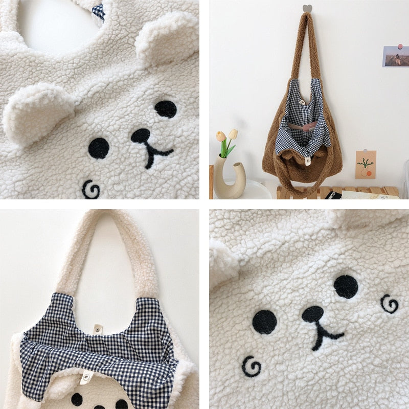 New Winter Soft Plush Tote Bag Women Cartoon Embroidery Imitation Lamb Hair Shoulder Bag For Women 2021 Shopper Bag Bolsa