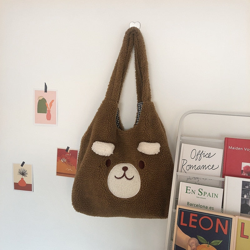 New Winter Soft Plush Tote Bag Women Cartoon Embroidery Imitation Lamb Hair Shoulder Bag For Women 2021 Shopper Bag Bolsa