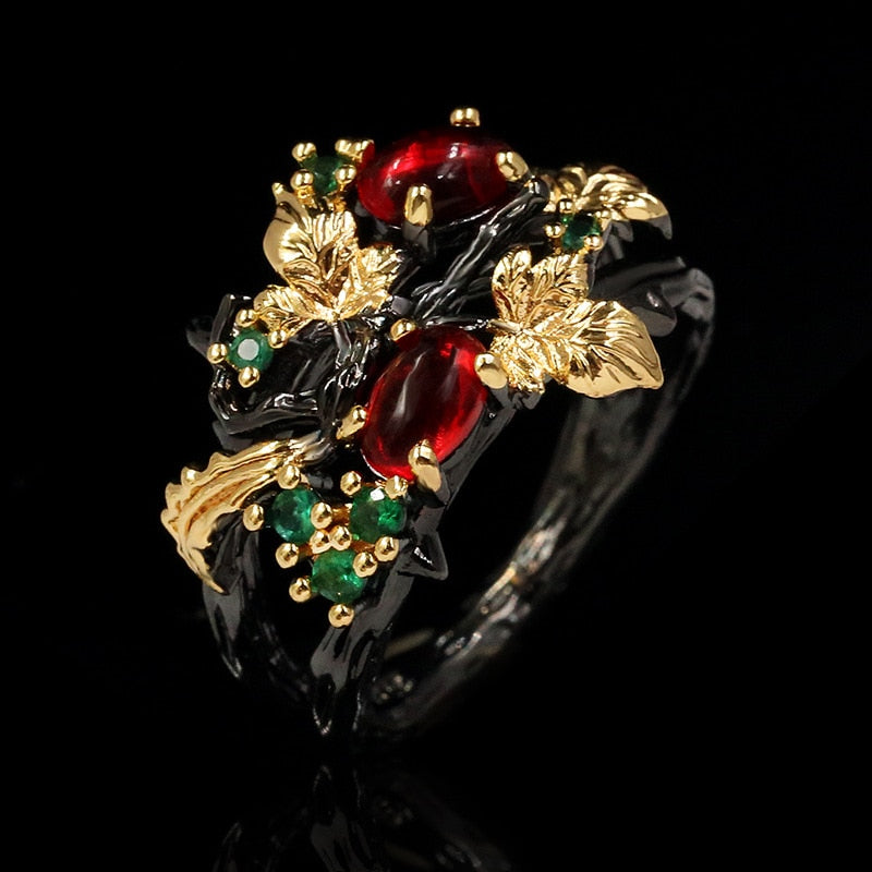 New Exquisite Leaf Flower Color Zircon Ladies Women&#39;s Ring Jewelry Black Gold Two-color Red Zircon Ring Ladies Ring