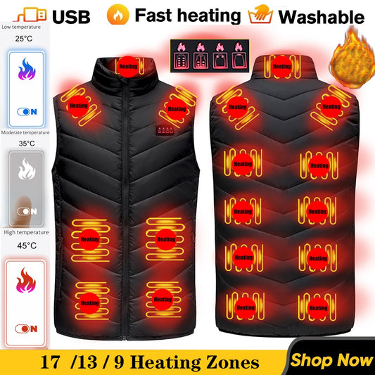 17/11 Places Heated Vest Men Women Usb Heated Jacket Heating Vest Thermal Clothing Hunting Vest Winter Heating Jacket BlackS-6XL