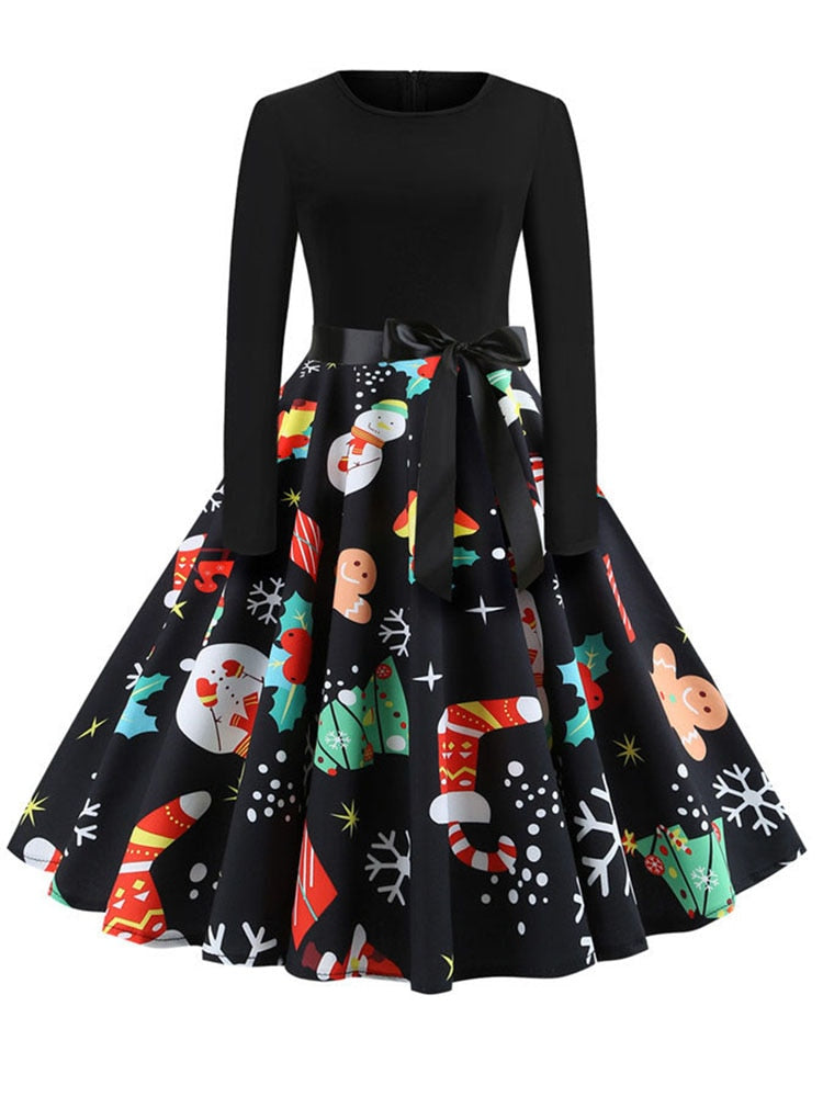 Winter Christmas Dresses Women 50S 60S Vintage Robe Swing Pinup Elegant Party Dress Long Sleeve Casual Print Black