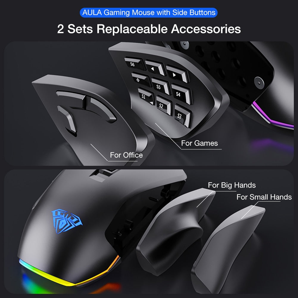 AULA H510 RGB Gaming Mouse 10000 DPI Side Buttons Marco Progrommable Egronomic 14 Wire Backlit Game Mice for Laptop