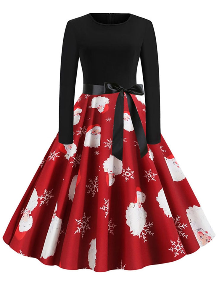 Winter Christmas Dresses Women 50S 60S Vintage Robe Swing Pinup Elegant Party Dress Long Sleeve Casual Print Black