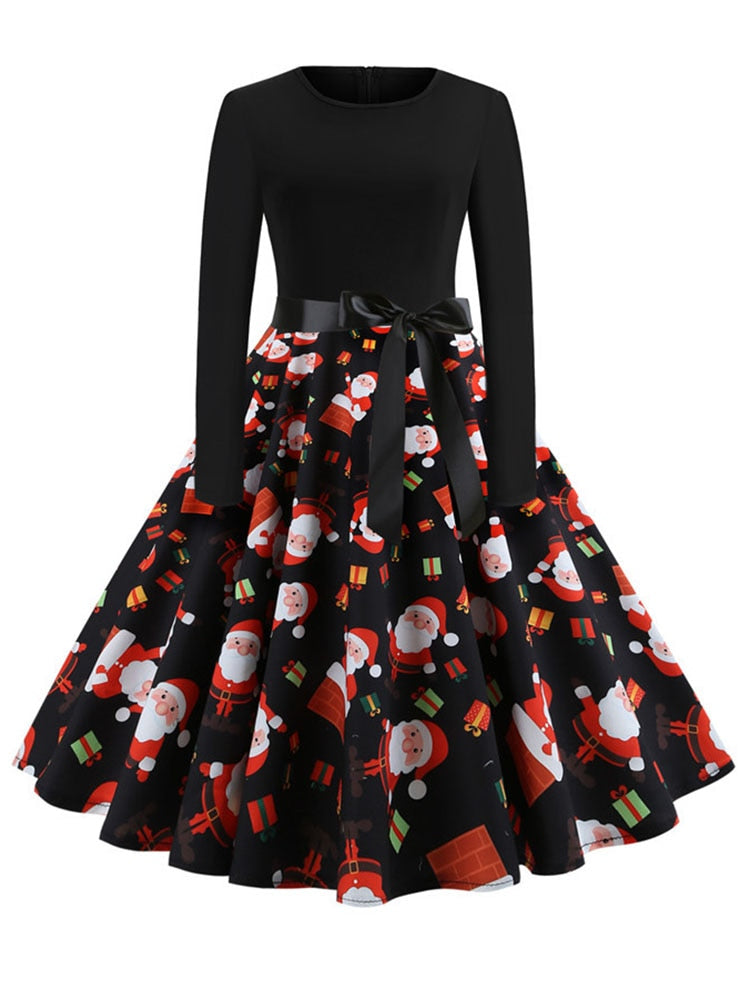 Winter Christmas Dresses Women 50S 60S Vintage Robe Swing Pinup Elegant Party Dress Long Sleeve Casual Print Black