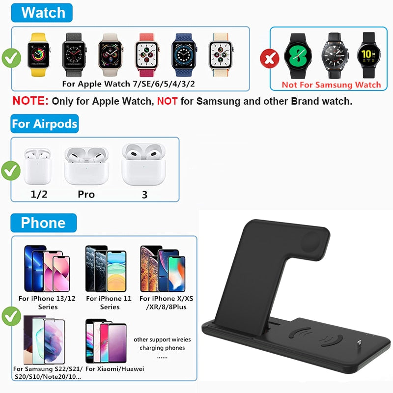 15W Qi Fast Wireless Charger Stand For iPhone 14 13 12 11 8 Apple Watch 4 in 1 Foldable Charging Station for Airpods Pro iWatch